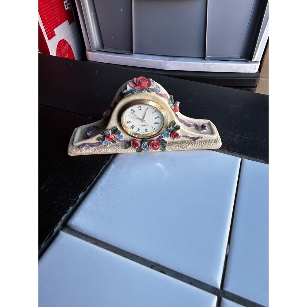 Vintage Floral Quartz Mantel Clock Roses Cottagecore Victorian Decor 5"